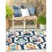 Unique Loom Corozal Belize Indoor/Outdoor Rug Ivory/Navy Blue 5 3 Square Textured Floral Modern Perfect For Patio Deck Garage Entryway