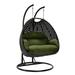 LeisureMod Mendoza Charcoal Wicker Hanging 2 Person Egg Swing Chair with Stand & Dark Green Cushions