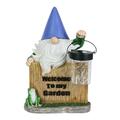 Exhart Solar Hand Painted Gnome Statue with a Lantern Jar of LED Fireflies by a Welcome Fence 8.5 by 12.5 inches Resin Multicolor