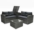4 Pieces Wicker Furniture Set Outdoor Conversation Sofa Set PE Rattan Sectional with 2 Cushioned Loveseats Glass Coffee Table and Side Cabinet for Patio Backyard Poolside Deck Gray D5644