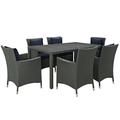 Modern Contemporary Urban Design Outdoor Patio Balcony Seven PCS Dining Chairs and Table Set Navy Blue Rattan