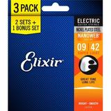 Elixir 16540-U Electric Nickel Plated Nanoweb Coating Super Light Guitar Strings - Size 9-42 - Pack of 3