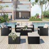 6-Piece Outdoor Patio Furniture Set Black Rattan Dining Conversation Sectional Set with Wicker Coffee Table&Ottomans