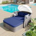 Seizeen 5 Pieces Patio Outdoor Daybed Rattan Sectional Conversation Sofa Set with Retractable Canopy Patio Sectional Bed with Side Table Outdoor Sunbed with Cushions and Pillows