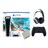 Sony Playstation 5 Disc Edition Horizon Forbidden West Bundle with Extra Black Controller White PULSE 3D Wireless Gaming Headset and Microfiber Cleaning Cloth