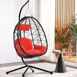 Hanging Chair Swing Egg Chair Outdoor Rattan Egg Swing Chair Heavy Duty Hammock Chair with Stand Cushion and Pillow Steel Frame Loading 300lbs for Indoor Outdoor Bedroom Patio Garden