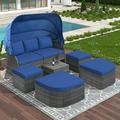 SYNGAR Outdoor Daybed with Canopy 6 Piece PE Wicker Sectional Furniture Set with Ottomans Rattan Conversation Sofa Set Patio Sunbed with Cushions for Backyard Pool Garden Blue D7918