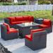 ALAULM 8 Pieces Outdoor Furniture Set with 43 Gas Propane Fire Pit Table PE Wicker Rattan Sectional Sofa Patio Conversation Sets Red