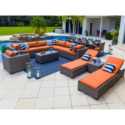 Tuscany 21-Piece Resin Wicker Outdoor Patio Furniture Combination Set with Sectional Set Eight-seat Dining Set and Chaise Lounge Set (Half-Round Gray Wicker Sunbrella Canvas Tuscan)