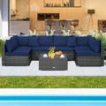 Costway 7PCS Patio Rattan Furniture Set Sectional Sofa Cushioned Garden Navy