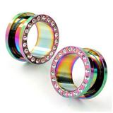 Oil Slick Multicolor Titanium with CZ Over Surgical Steel Screw-on Plugs/Gauges 4G (5MM) 2 Pieces (1 Pair) (B/67)