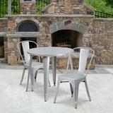 Emma + Oliver Commercial 30 Round Silver Metal Indoor-Outdoor Table Set with 2 Cafe Chairs