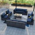 Kullavik 13 Pieces Outdoor Patio Furniture Set with Fire Pit Table Outdoor PE Rattan Wicker sectional Sofa Set Patio Conversation Set with Coffee Table Navy Blue