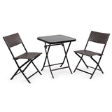 MoNiBloom 3 Piece Patio Bistro Dining Furniture Set Folding Rattan Chairs W/ Tempered Glass Tabletop for Lawn Garden Backyard Brown