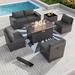Gotland 7 Pieces Outdoor Patio Furniture Set with 43 Gas Propane Fire Pit Table PE Wicker Rattan Sectional Sofa Patio Conversation Sets Grey