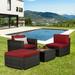 Outdoor Garden Patio Furniture Set BTMWAY 4 Piece All-weather Wicker Sectional Sofa Set Dark Gray Rattan Bistro Table and Couch Set with Red Cushions and Beige Pillow Patio Conversation Set