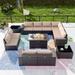 Gotland 13 Pieces Outdoor Patio Furniture with 43 50000BTU Gas Propane Fire Pit Table PE Wicker Rattan Sectional Sofa Patio Conversation Sets Sand