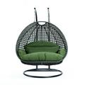 LeisureMod Charcoal Rattan Wicker Double 2 Person Egg Swing Chair with Stand Dark Green Cushion