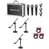 Rockville 3 Pack of Metal Dynamic Microphones+Case+Boom Stands For Instruments