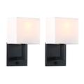 Permo Set of 2 Industrial Wall Sconce White Fabric Shade Light Fixture Bedroom Bedside Nightstand Lamp w On/Off Switch(Black)