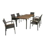 GDF Studio Huxley Outdoor Aluminum 7 Piece Dining Set with Wood Tabletop Gray Mesh and Natural