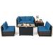 Patiojoy 6 Pieces Outdoor PE Rattan Wicker Sectional Sofa with 42 60 000 BTU Gas Fire Pit Table Patio Conversation Set with Tempered Glass Coffee Table Navy Blue