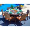 Sorrento 7-Piece Outdoor Patio Furniture Round Dining Table Set in Brown w/ Dining Table and Six Cushioned Chairs (Flat-Weave Brown Wicker Sunbrella Canvas Tuscan)