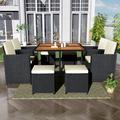 9 Piece Patio Dining Set Outdoor Space Saving Rattan Chairs with Ottoman & Table Outdoor Sectional Dining Table Set PE Wicker Rattan Furniture Set for Patio Backyard Porch Garden Poolside B1501