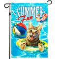 G128 - Summer Fun with Cat in Pool Garden Flag Rustic Holiday Seasonal Outdoor Flag 12 x 18â€�