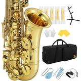 Eastar Professional Alto Saxophone E Flat Sax Full Kit Gold Eb Brass Instrument With Cleaning Cloth Carrying Case Mouthpiece Neck Strap Reeds and Stand