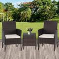 SUNCROWN 3-Piece Outdoor Patio Bistro Set Brown Wicker Chair and Coffee Table with Beige Cushions