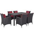 Modern Contemporary Urban Design Outdoor Patio Balcony Seven PCS Dining Chairs and Table Set Red Rattan