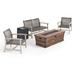 GDF Studio Savannah Outdoor Acacia Wood and Wicker 4 Seater Chat Set with Fire Pit Light Gray Mixed Black and Brown