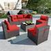 Gotland 7 Piece Outdoor Patio Furniture Sets All Weather Woven Wicker Patio Sofa Brown PE Rattan Patio Set (Red)