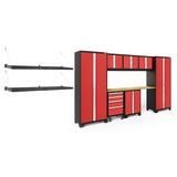 NewAge Products Bold Series Red 10 Piece Cabinet Set Heavy Duty 24-Gauge Steel Garage Storage System LED Lights / Wall Mounted Shelf Included