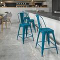 Flash Furniture Commercial Grade 24 High Distressed Antique Blue Metal Indoor-Outdoor Counter Height Stool with Back