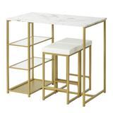 Hassch 3-Piece Modern Pub Set With Faux Marble Countertop And Bar Stools White/Gold