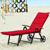 Costway Folding Patio Rattan Lounge Chair Cushioned Aluminum w/ Wheel Red