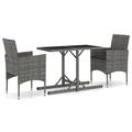 Dcenta 3 Piece Patio Dining Set Glass Tabletop Garden Table and 2 Chairs with Cushion Gray Poly Rattan Steel Frame Outdoor Dining Set for Garden Backyard Balcony Lawn