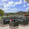 Gotland Outdoor Patio Furniture Set 6 Piece Sectional Rattan Sofa Set Rattan Wicker Patio Conversation Set with 5 Seat Cushions and 1 Tempered Glass Table Grey