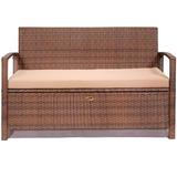 Outdoor Deck Box Bench with Cushion All-Weather Storage with Backrest Armrest Brown