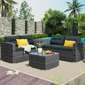 BTMWAY 4 Piece Outdoor Patio Furniture Set Outdoor Wicker Rattan Sectional Sofa Set with Removable Cushions Glass Coffee Table 2 Loveseat Sofas and Storage Box Corner Conversation Set for Backyard