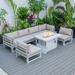 LeisureMod Chelsea Modern 7-Piece Outdoor Patio Conversation Set & 44 Propane Fire Pit Table in Weathered Grey Aluminum with Beige Cushions