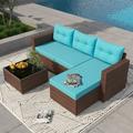 OC Orange-Casual 5-Piece Patio Furniture Set All-Weather Outdoor Sectional Sofa with Glass Coffee Table for Deck Balcony Porch Brown Rattan & Turquoise Cushion
