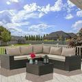 Gotland Outdoor Patio Furniture Set 6 Piece Sectional Rattan Sofa Set Rattan Wicker Patio Conversation Set with 5 Seat Cushions and 1 Tempered Glass Table Sand