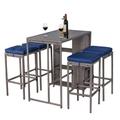 5-Piece Outdoor Synthetic Wicker Bar Table Set for Patio Poolside Backyard with 3 Storage Space Shelf Glass Tabletop 4 Stools - Grey