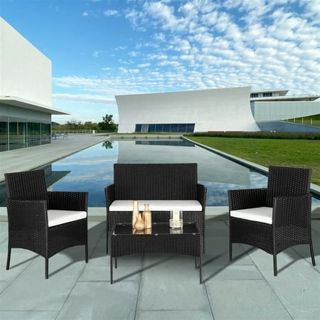 4 Piece Wicker Patio Conversation Furniture Set Outdoor Rattan Chair and Table Set Sectional Chair Set with Tea Table & Cushions Bistro Set for Patio Backyard Porch Garden Poolside Balcony B4506