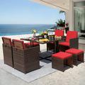 Homall 9 Pieces Outdoor Dining Sets Patio Rattan Conversation Set Outdoor Space Saving Wicker Chairs with Glass Table Red
