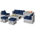 Patiojoy 8 Pieces All-Weather PE Rattan Patio Furniture Set Outdoor Space-Saving Sectional Sofa Set with Storage Box Navy