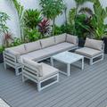 LeisureMod Chelsea 7-Piece Outdoor Patio Conversation Set in Weathered Grey Aluminum with Coffee Table & Cushions in Beige